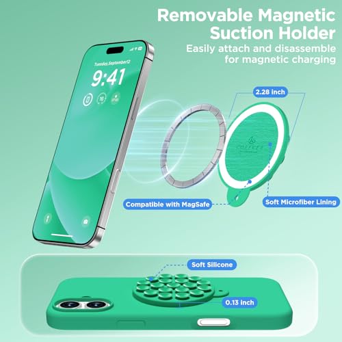 Image of Magnetic for iPhone 16 Case, Compatible with Magsafe, Suction Cup Phone Mount, [2 Screen Protectors][Camera Lens Protector] Silicone Shockproof Protective Slim Phone Cover 6.1 inch, Emerald Green