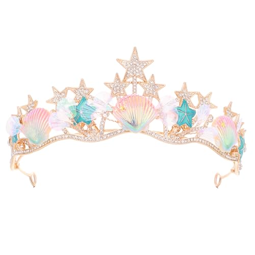 FORSEVEN Mermaid Crown Headband for Women Sparkling Handmade Seashell Starfish Design Mermaids Crystal Tiara Cosplay Party Decorations Hair Accessories for Beach Costume (HG786-JSGC)