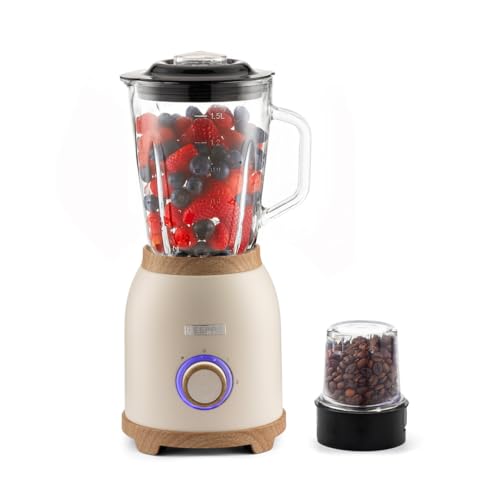 GEEPAS NordiQ 2-in-1 Food Jug Blender | Smoothie Maker with 1.5L Glass Juice Jar & Mini Coffee Spice Grinder Mill | 6 Stainless Steel Ice Crusher Blades | 2 Speeds, Pulse Safe Lock | 800W Cream