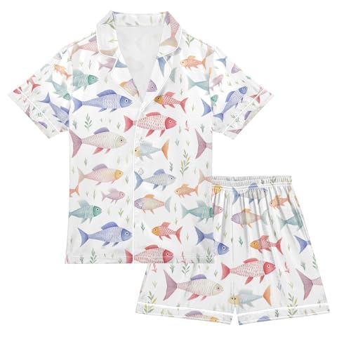 senya Colorful Fish Satin Summer Pajama Sets Silk Short Sleeve Button Down Sleepwear