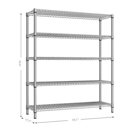 Image of M MZG 3500LBS 59 inch W 5 Tier Storage Shelves Rack Metal Wire Shelving Unit, Storage Standing Shelf Organizer for Laundry Bathroom Kitchen Pantry Closet Garage, Chrome 17.7 inch D x 59.1 inch W x 70.4 inch H