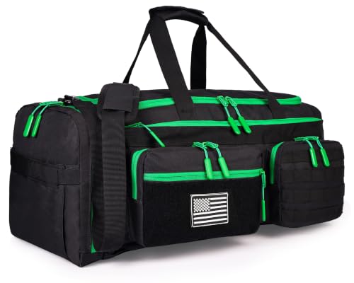 Image of LHI 50L Tactical Duffle Bag for Men, 3-in-1 Gym Duffle and Backpack, Shoe Compartment, Laptop Sleeve and MOLLE, Carry-On Travel Weekender and Overnight Bag - Black with green zippers