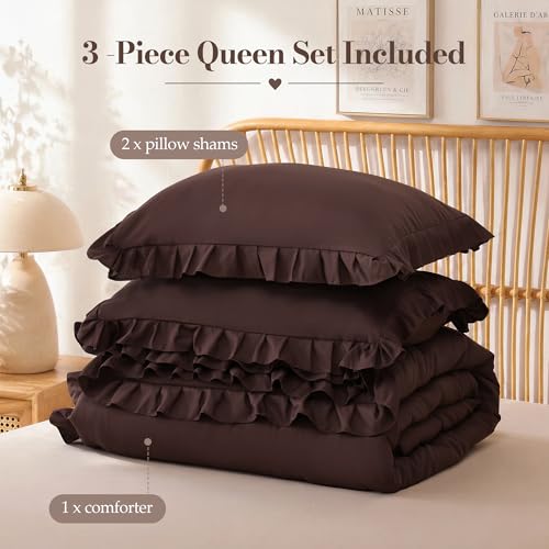 Image of JANZAA Brown Comforter Set Full - Soft Microfiber, Lightweight All Season Bedding, Ruffle Shabby Chic Aesthetic, Breathable Cozy Bed Set with 2 Pillow Shams, Machine Washable