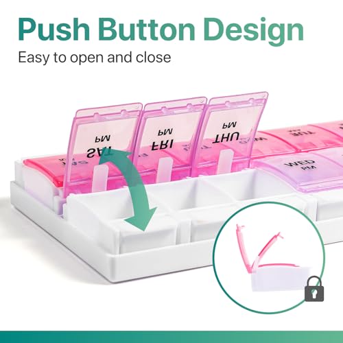 Image of Sukuos AM PM Weekly Pill Organizer 7 Day, 2 Times A Day Medicine Pill Box with Easy Push Button, BPA Free Vitamin Cases for Fish Oil /Supplements, Easy to Clean (Purple&Pink)
