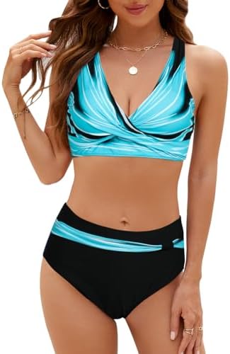 SEAFORM Womens Two Piece Swimsuits Wrap Front Bikini High Waisted Bottom Tummy Control Bathing Suits Vintage Print Swimwear, Blue Stripes, Large