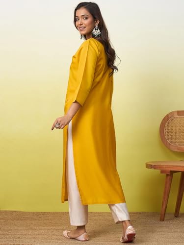 Image of Women's Embroidered Silk Straight Kurta Kurti | Below Knee Kurtas for Women Traditional Indian Wear Outfit Suitable Casual Festive Office Styling