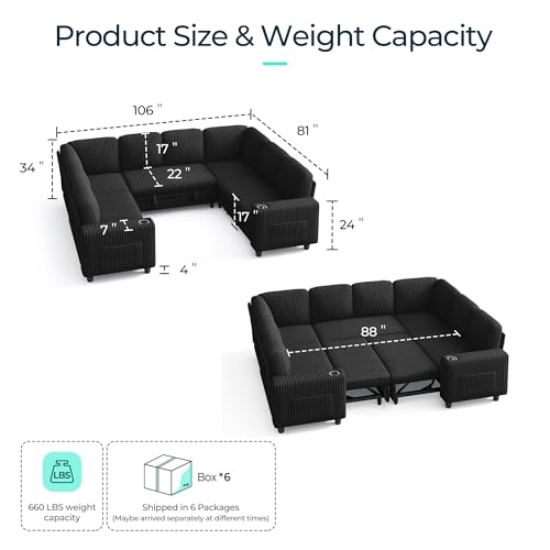 Image of LINSY Home 106 inch Modular Sectional Couch with Pull Out Bed, U Shaped 8 Seats Sofa with Storage, Corduroy Convertible Sofa Bed, USB, Cup Holders, Side Pocket, Sleeper Sofa for Living Room,Black