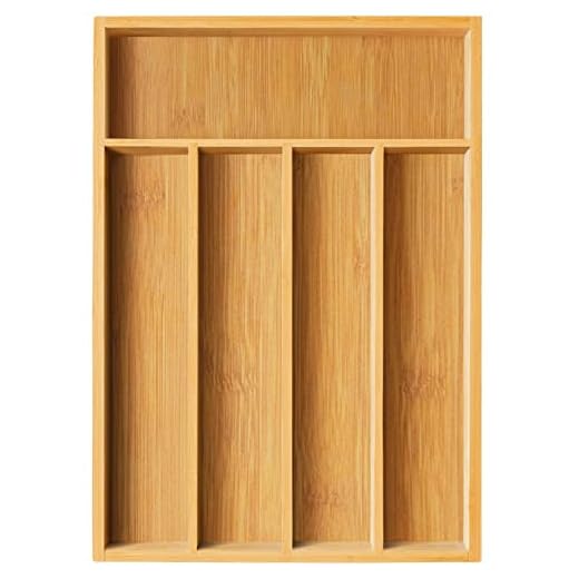 FURNINXS Bamboo Kitchen Drawer Organizer Wooden Silverware Utensil Tray Holder with 5 Small Narrow Compartments for Cutlery Spoons Forks Knives Storage Flatware Organizer 14x10.5x2 inch