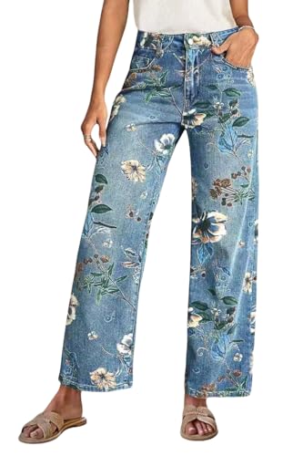 Women's High Waist Straight Jeans Summer Fashion Floral Print Casual Denim