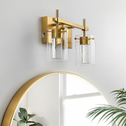 Image of 2-Light Gold Vanity Light with 3 Color Modes (3000K /4000K /6000K), Eye Protection LED Bathroom Light Fixture, Dimmable Modern Wall Light Over Mirror with Clear Glass Shade