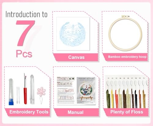 Image of Huacan 1pc Embroidery Kit, Needle Craft Handmade DIY Art Suitable for Adult Beginners, with Stamped Pattern, Instruction Manual, Embroidery Hoop, Colorful Threads and Needles