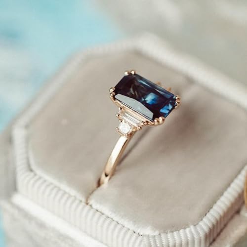 Emerald Cut Sapphire Engagement Ring for Women | Dainty Diamond Bridal Ring with Baguette Accents | Wedding Promise Ring | Birthday Gift for Her | Timeless Jewelry for Women4