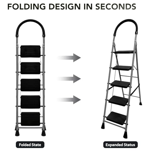 Image of FLIPZON 5 Step Folding Ladder for Home Use | Heavy Duty Steel Step Ladder with Anti-Skid Wide Steps & Soft Grip Handle | Strong, Safe & Durable Ladder for Kitchen, Cleaning & Office (Grey & Black)
