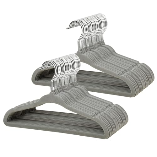 Image of ManGotree 11" Baby Velvet Hangers, Non-Slip Infant Coat Hangers, Ultra-Thin Toddler Felt Hanger with 360° Swivel Hook, Space Saving Children's Hanger for Kids Clothes, 48 Pack (Grey)