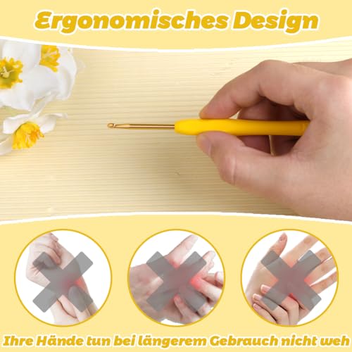 Deudy Häkelnadeln Set, 3,5mm Ergonomische Häkelnadel mit Rutschfest, Häkelnadeln Nadelset Aluminium, Häkeln mit Gummi Softgriff für Arthritische Hände Erfahrene Häkelliebhaber