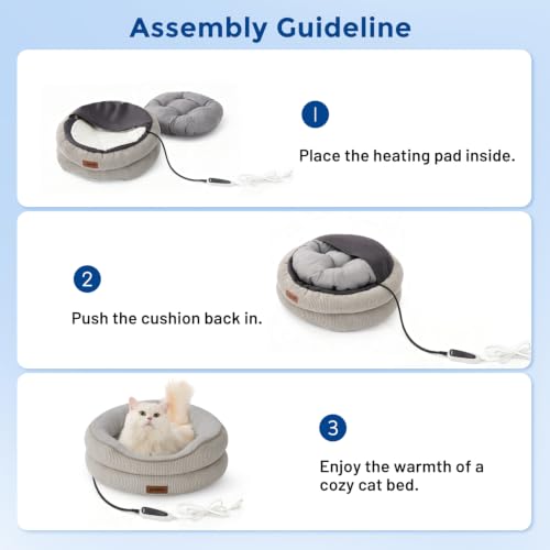 ZOMISlA Heated Cat Bed for Indoor Cats, 25 Timer & 11 Temp Adjustable, Grey