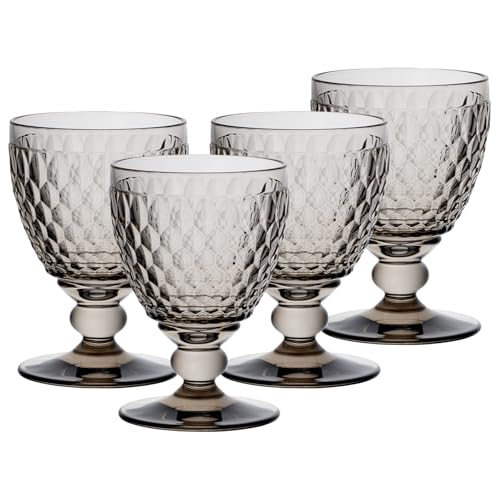 Villeroy & Boch Boston Coloured Red Wine Glasses Smoke Set of 4, 310 ml, Coloured Wine Glasses with Facet Pattern, Crystal Glass for Red Wine, Dishwasher Safe, Grey