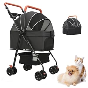 Pet Stroller for Medium Small Dogs/Cats – 4 Wheels Foldable Dog Stroller with Storage Basket,Dog/Cat Carrier,Adjustable Handle,Folding Puppy Carrier Suitable for Traveling with Cats and Dogs (Black)