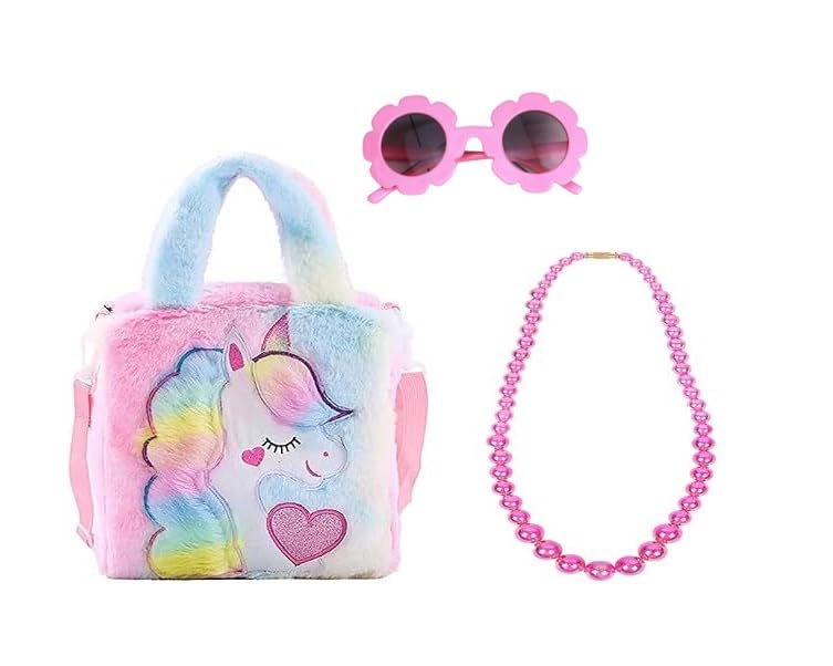 Aashiya Trades Girls Kids Fur Unicorn Character Cross body Shoulder Hand Purse Wallet-Girls gift for age 2 to 12 Years with sunglass and necklace (B0D4B64CGJ) Amazon Price History, Amazon Price Tracker