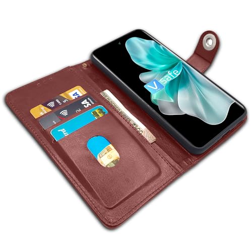 Image of Pikkme Vivo V30 5G Flip Cover Leather Finish | Inside TPU with Card Pockets | Wallet Stand and Shock Proof | Complete Protection Button Flip Case (Brown)