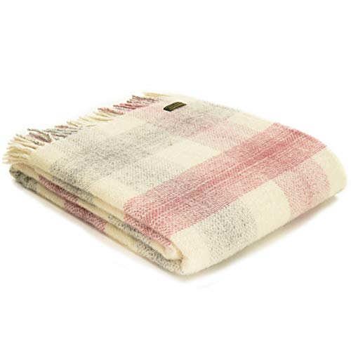 Tweedmill Textiles Meadow Check Throw Blanket -100% Pure New Wool - BRITISH MADE - DUSKY PINK, Twin