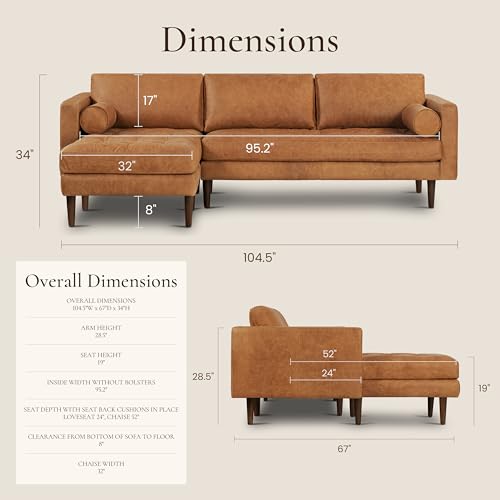 Image of POLY & BARK Napa 104.5 inch Left-Facing Sectional Sofa - Cognac Tan Full-Grain Pure-Aniline Italian Leather, Feather-Down Cushions, Kiln-Dried Solid Wood Frame, Walnut Legs