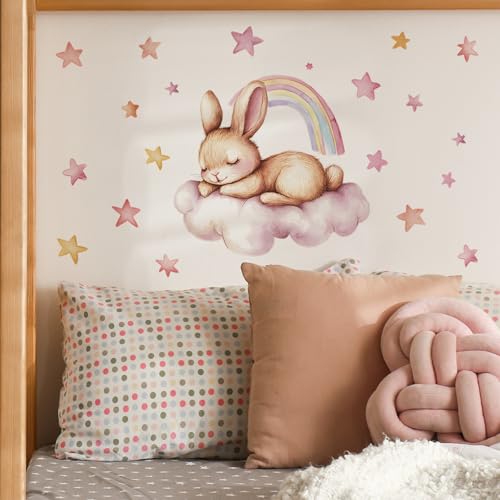 Vinilo decorativo conejo durmiendo en nube acuarela miniatura 5