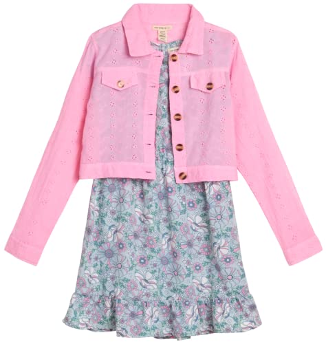 Girls' Dress Set - 2 Piece Woven Eyelet Jacket and Lightweight Challis Sundress (Size: 4-12), Size 4, Pink/Blue