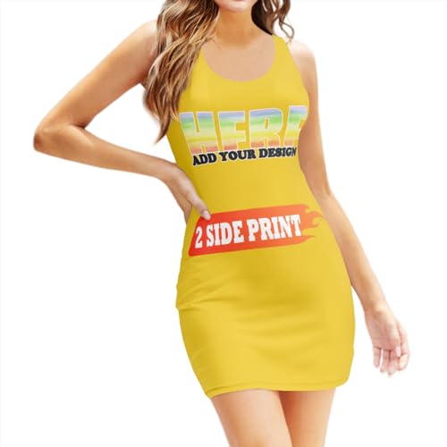 Custom Tight Dress for Women Personalized Dress with Logo Text Photo Custom Tank Dress Print Scoop Neck Sleeveless Sexy Dress Gold X-Large