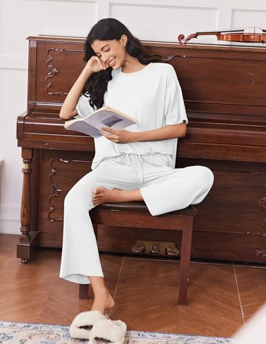 Image of Ekouaer Lounge Sets for Women Short Sleeve Tops and Long Pants Soft Comfy Pajamas Set 2 Piece Outfits