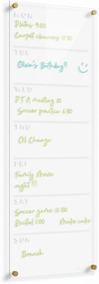 Magnetic Acrylic One Week Calendar for Fridge, Wet/Dry-Erase Board for Refrigerator, Includes Magnetic Wet-Erase Marker, Optional Color Marker Set