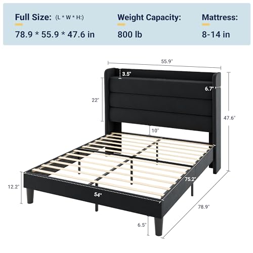 Image of Allewie Full Size Upholstered Bed Frame with Charging Station, Black