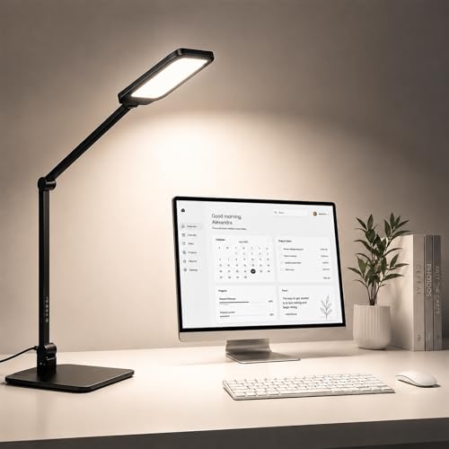 NS Desk Lamp for Home Office, LED Desk Lamp with Webcam Light for Video Calls, Dimmable 3000K-6500K Desk Light with Remote, Timer, Memory, Adjustable Swing Arm, CRI95+
