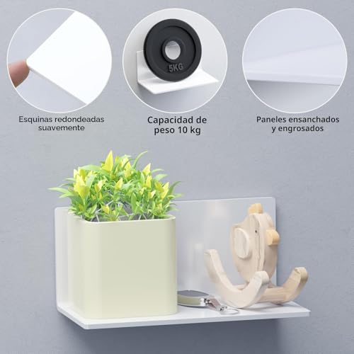 Miniatura 4 de Toski Estantería De Pared Blanca Sin Taladrar, Estantes Autoadhesivos Grandes Para Paredes De 20 Cm De Ancho, Juego De 2 Unidades, Acrílico Flotante Para Baño, Salón, Dormitorio, Cocina,