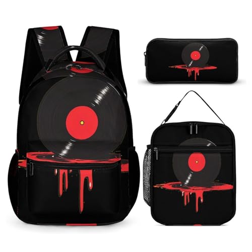Bloody Music Vinyl Record Backpack Shoulder Bags Lunch Bag Pencil Case Box 3 Set Daypack Cute