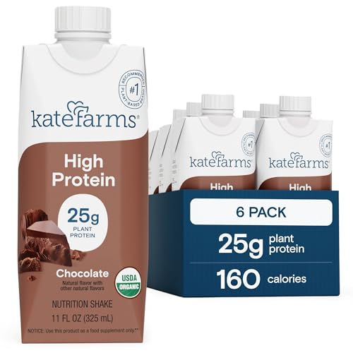KATE FARMS Organic High Protein Chocolate Nutrition Shake, 25g Protein, 6g Fiber, 27 Vitamins and Minerals, 0g Sugar, Protein Drink, 11 oz (6 Pack)