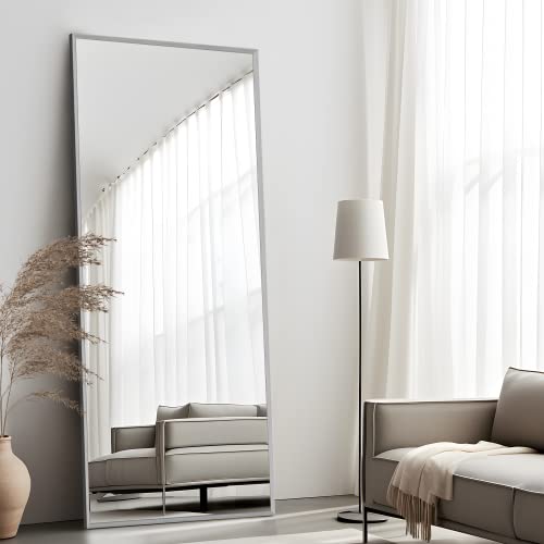 Image of NeuType 47 inchx16 inch Full Length Mirror with Standing Holder Aluminum Alloy Frame Floor Mirror Wall-Mounted Mirror for Living Room, Bedroom, Hanging or Leaning Against Wall, Silver (with Stand)
