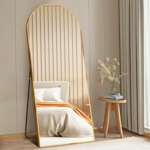 HAPPYMONT 56"x21" Arched Full Length Mirror, Full Body Mirror with Leaning or Standing, Floor Standing Aluminum Frame for Bedroom, Livingroom, Cloakroom, Gold