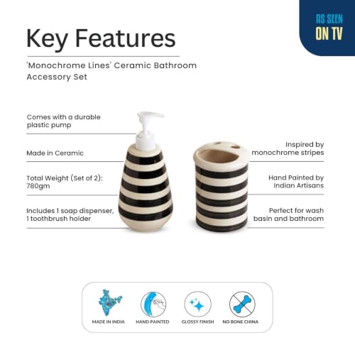 Image of ExclusiveLane 'Monochrome Lines' Hand-Painted Ceramic Bathroom Accessories Set of 2 (Liquid Soap Dispenser for Wash Basin, Paste & Toothbrush Holder) |Handwash Dispenser |Bathroom Organiser Set
