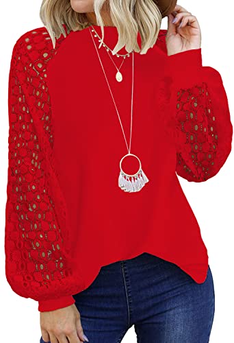 Image of Shasmi Women's White Ballon Long Sleeve, Crew Neck Tops Lace Casual Loose Blouses T Shirts (Shree Top 29)
