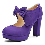 Women's Platform Mary Jane Pumps with Bow, High Block Heel, Closed Toe, Zip Closure Purple Label Size 39 - US 8.5