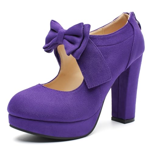 Women's Platform Mary Jane Pumps with Bow, High Block Heel, Closed Toe, Zip Closure Purple Label Size 47 - US 13 by fereshte