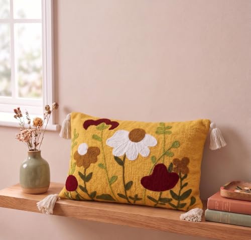 Image of Furnistitchs Boho Rectangle Cushion Cover 12x20 inches | Handmade Decorative Throw Pillow Case | Bohemian Home Decor Sofa Bed Cushion Cover Living Room Bedroom (1, Yellow Daisy, 12x20 inches)