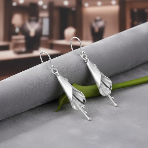 AeraVida Calla Lily .925 Sterling Silver Dangle Earrings Polished Satin Finish Floral Drop Fish Hook Lightweight Handmade Jewelry by AeraVida - Used condition - Image 4