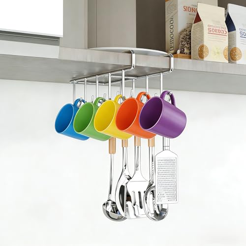 Stainless Steel Clip Mug Hanger Under Cabinet Cup Organizer 10 Hooks