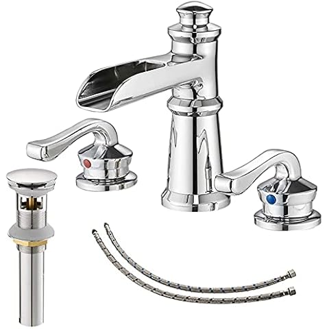 BATHLAVISH Chrome Bathroom Sink Faucet, Bathroom Faucet 3 Hole, Widespread Bathroom Faucet, 8 Inch Waterfall 2 Handle with Pop Up Drain with Overflow Set Polished Vanity Mixer Tap Commercial Modern Cover