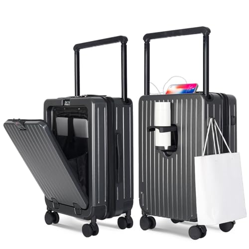 SOKOK Front Pocket Luggage Carry On with Spinner Wheels, Wide Handle Travel Suitcase PC Hardshell Durable Rolling Luggage for Business Trip with Charging Port and Cup Holder, Graphite