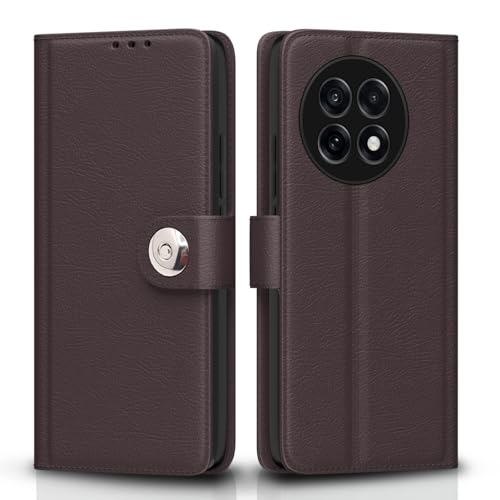 Image of Pikkme Flip Cover Leather Finish | Inside TPU with Card Pockets | Wallet Stand and Shock Proof | Complete Protection Button Flip Case for OnePlus 13R 5G(Coffee)
