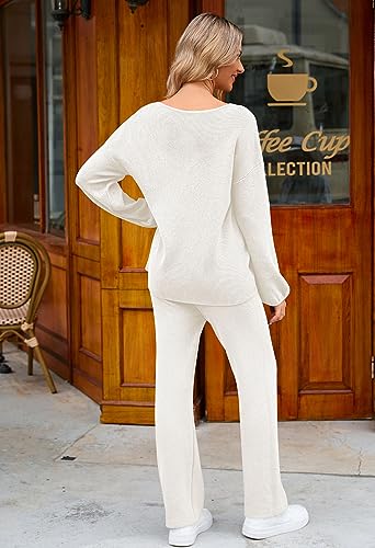 Image of Viottiset Women's 2 Piece Outfits Casual V Neck Knit Wide Leg Sweater Lounge Set Sweatsuit