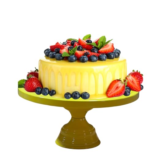 Image of Yellow Metal Cake Stand Pedestal | Round Non-Revolving 9 inch Diameter by 5 inch Height Dessert Display | Sturdy Cake Holder for Birthday, Wedding, Anniversary & Party Decor